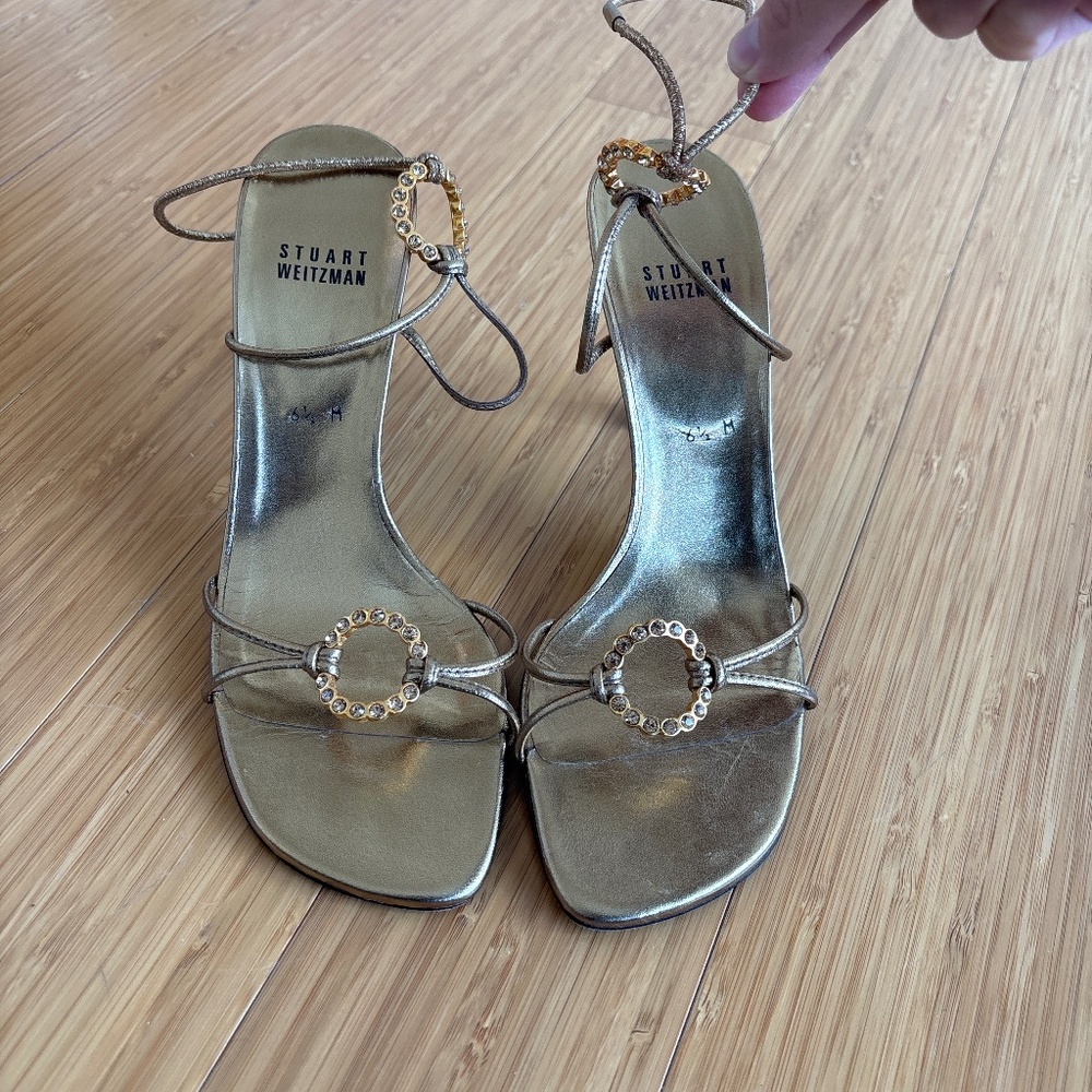 Stuart Weitzman gold strappy sandal with gem detail